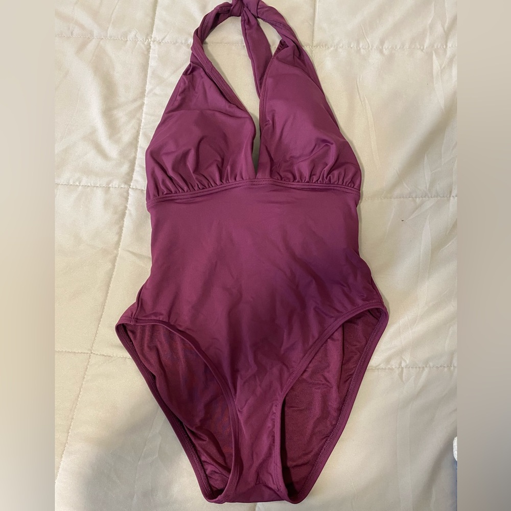 Deep V-Neck One Piece Swimsuit, XS (BURGUNDY)